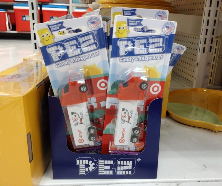 Pez Bullseye Truck candy dispensers on a shelf at Target