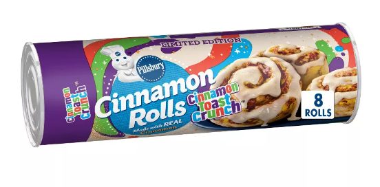Package of Pillsbury Cinnamon Toast Crunch Cinnamon rolls on a white background