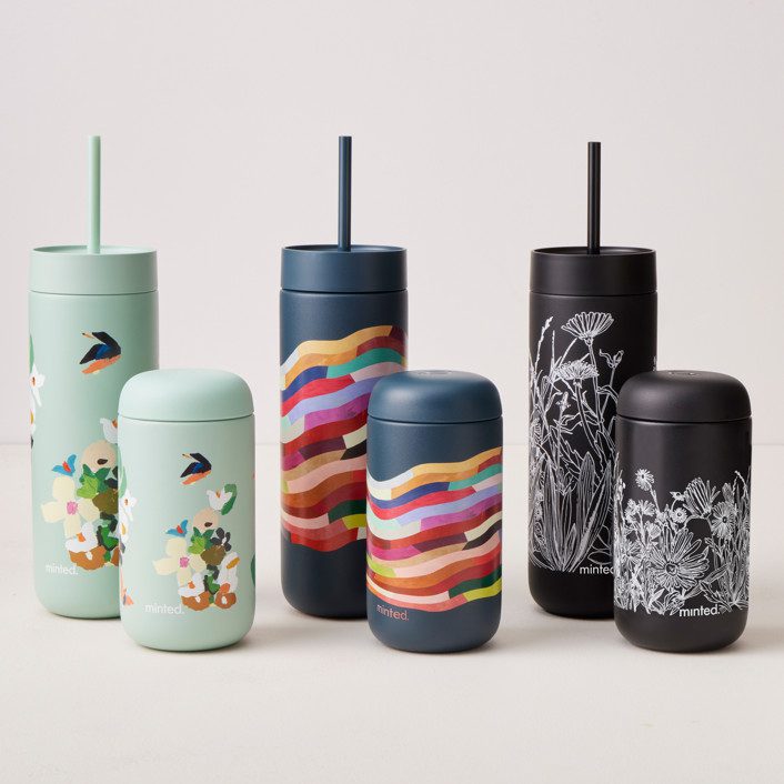 Minted unique drinkware tumblers in a row